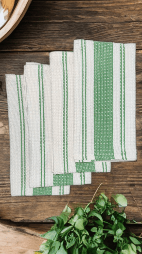 Premium White Honeycomb Kitchen Towel with Green Stripe