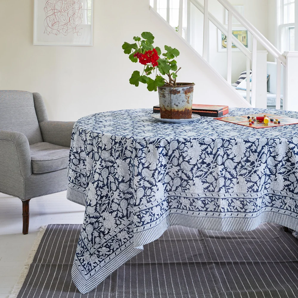 Printed Table Cloth Navy Blue with Elephant Border