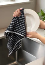 Serviette éponge quadrillée noire de minuit utilisée pour sécher une assiette blanche.