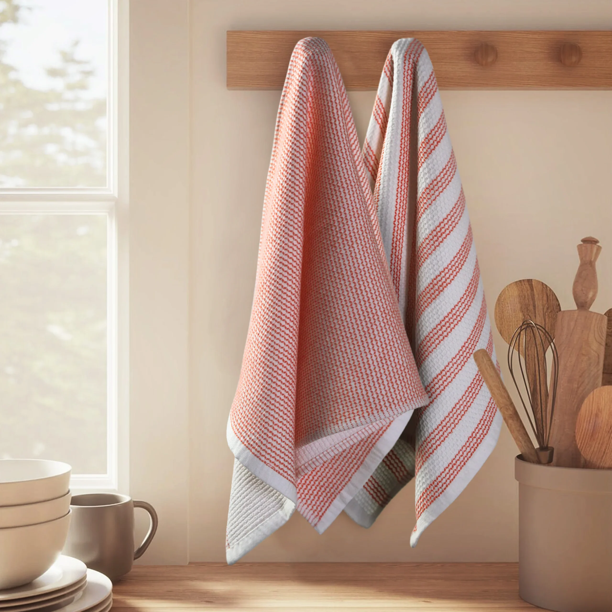 Premium Waffle Weave Kitchen Towel Set – Terracotta & White