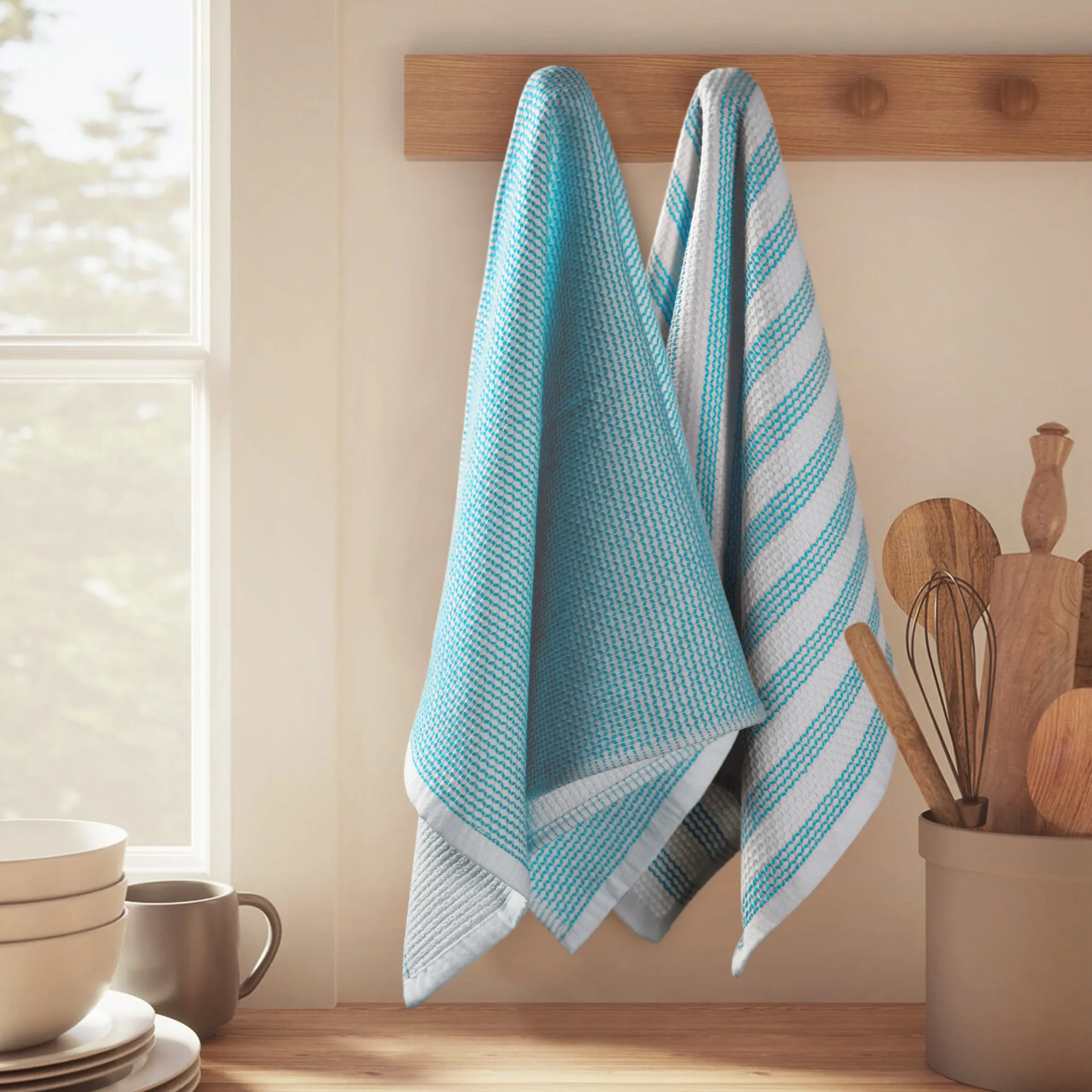 Premium Waffle Weave Kitchen Towel Set – Coastal Teal & White