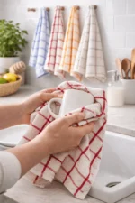 Toalla de cocina de algodón de rizo a cuadros rojos utilizada para secar una taza blanca.
