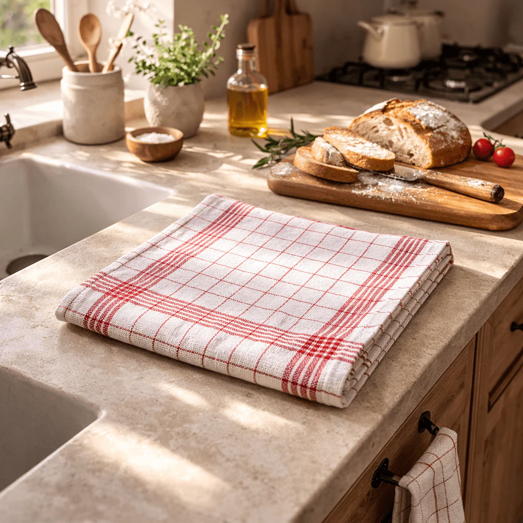 Chef Classic Red Check Kitchen Towel on a marble countertop Multan Pakistan Low MOQ