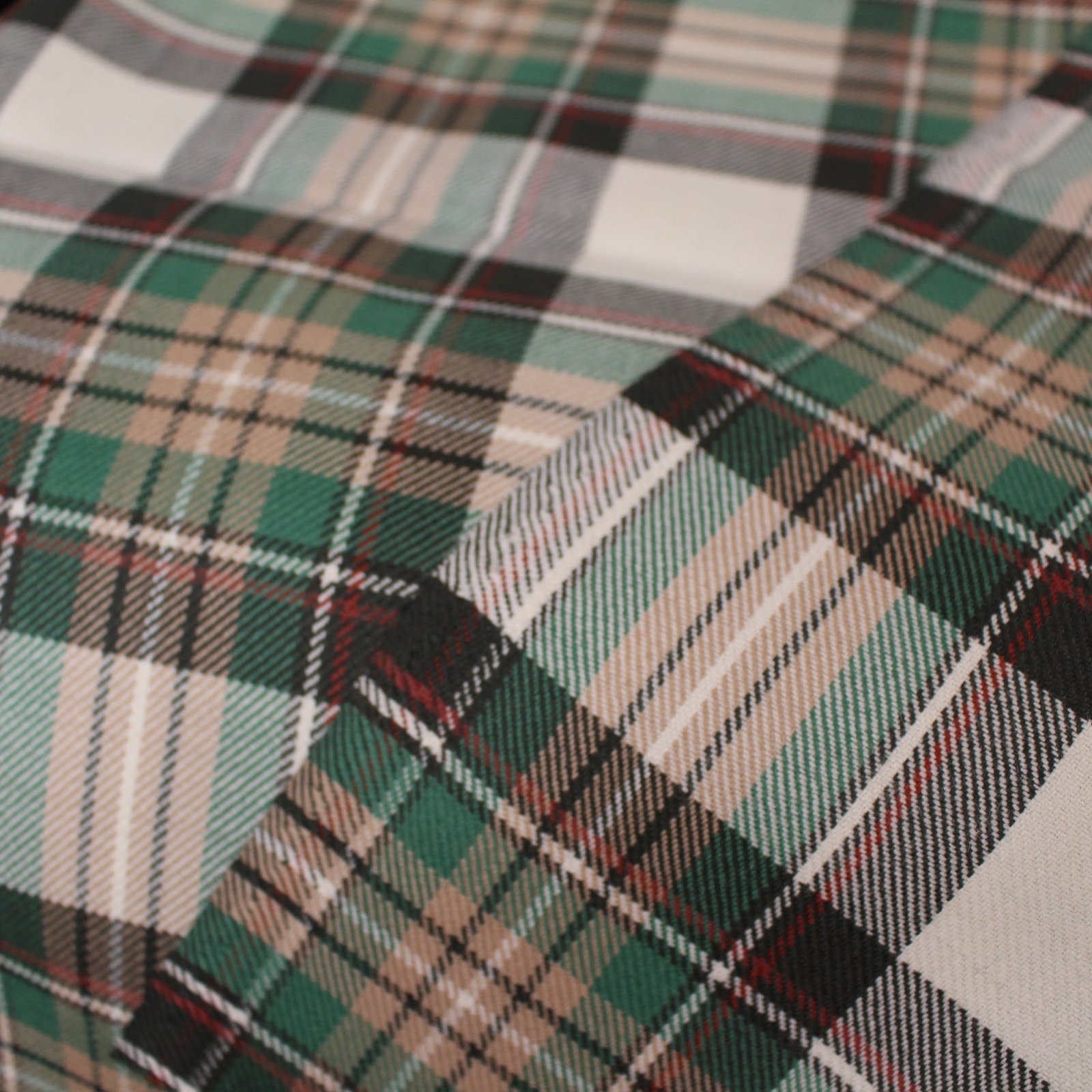 Premium sage and cream plaid flannel fabric with charcoal and rust stripes