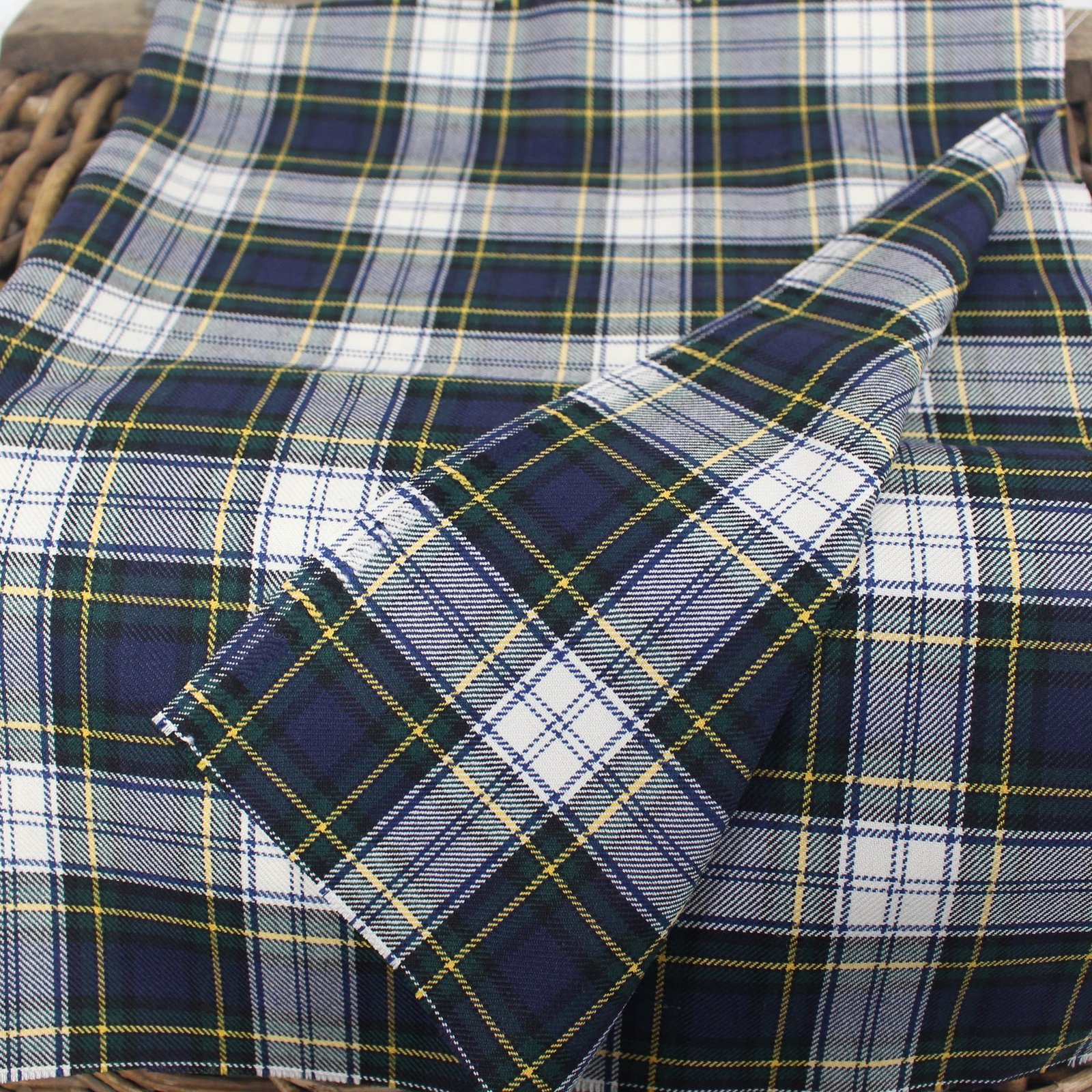 Premium navy green tartan fabric with yellow and white intersecting stripes