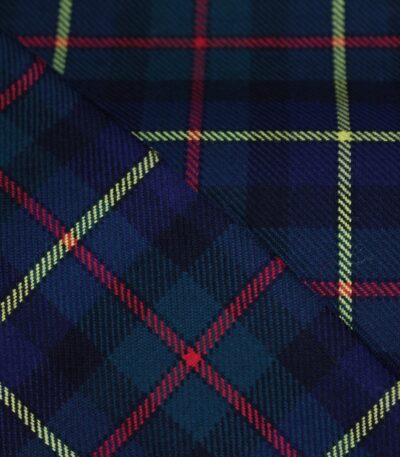 Premium navy and green yarn dyed flannel bedding fabric with yellow and red stripes