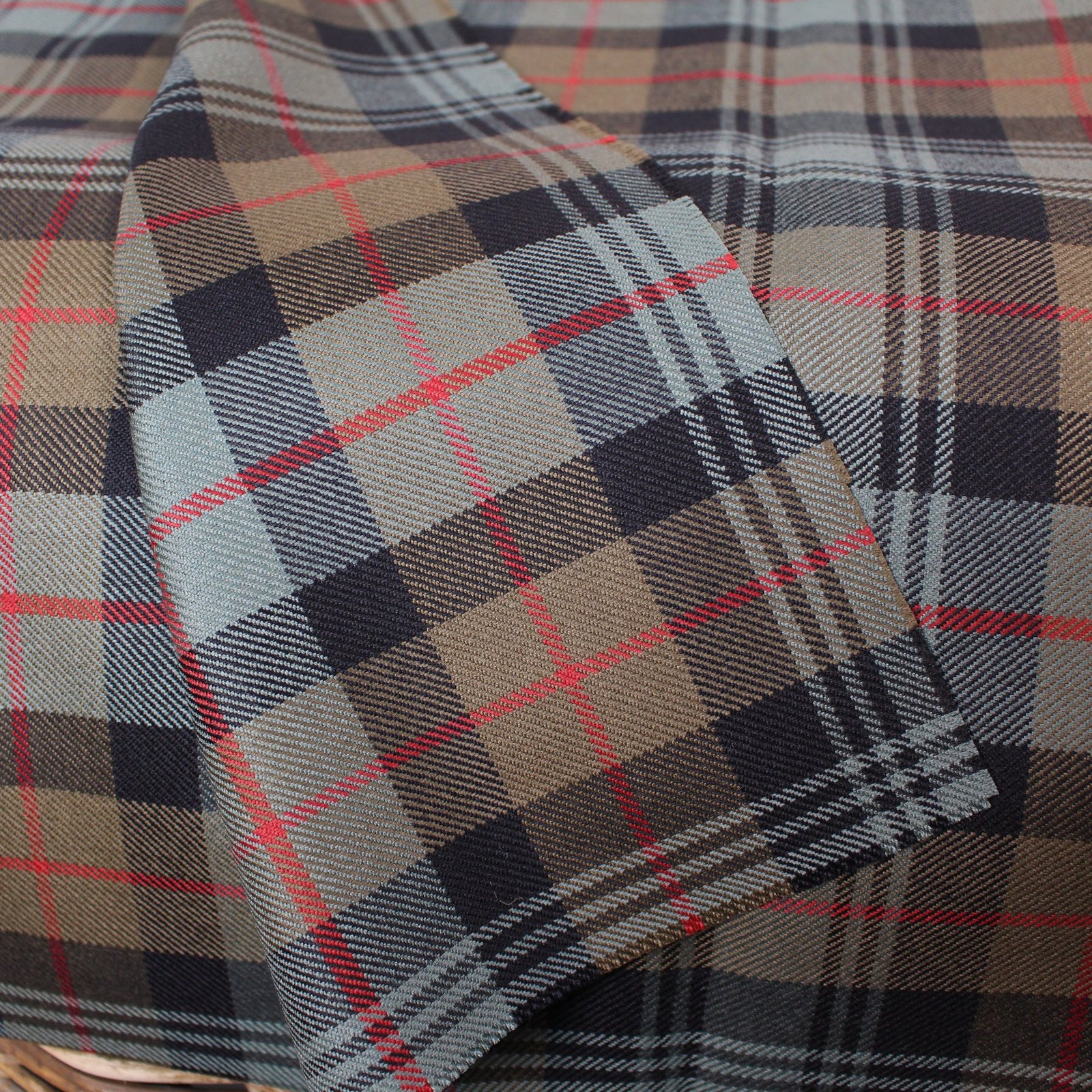 Bulk flannel fabric manufacturer: camel tan and charcoal plaid fabric